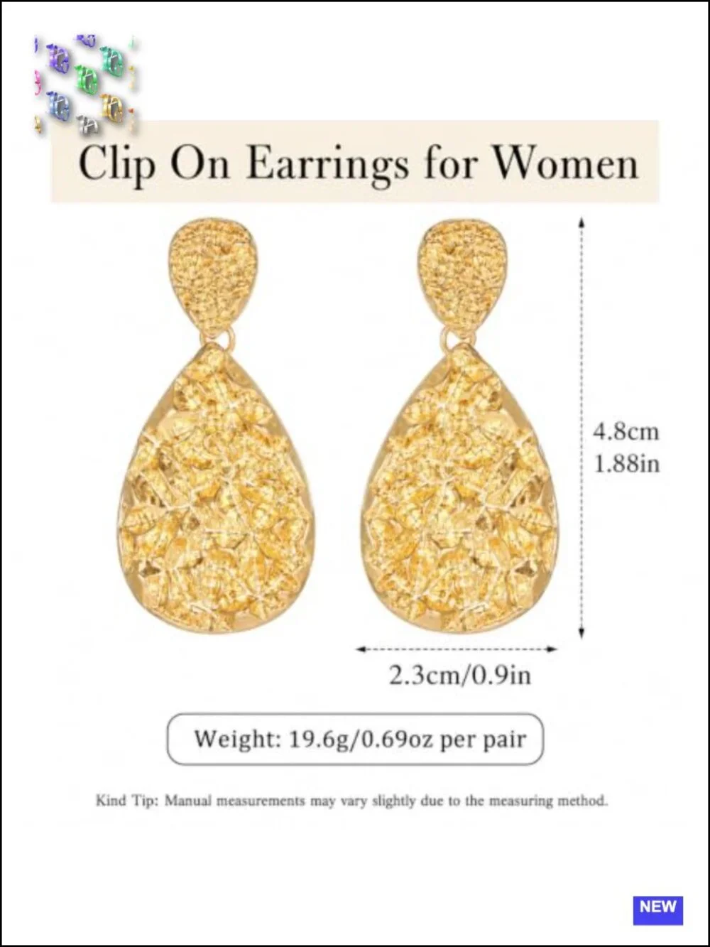 Chunky Geometric Clip On Earrings Hammered Gold Plated Dangle Drop